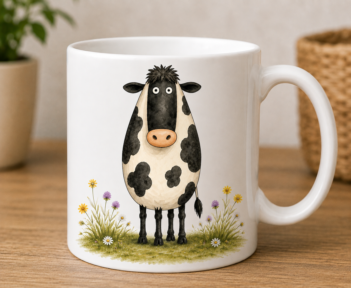 Black and white cow character mug