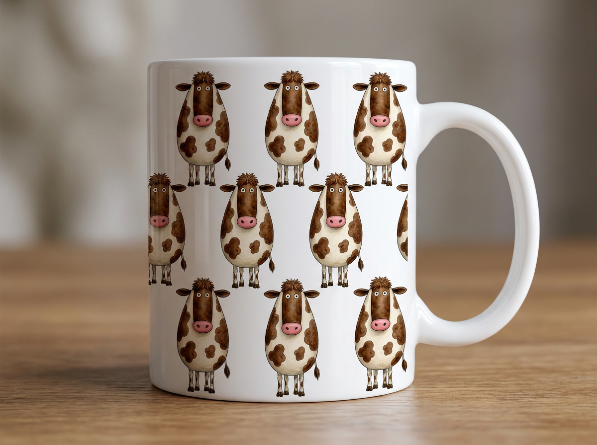 Brown and white cow character pattern mug