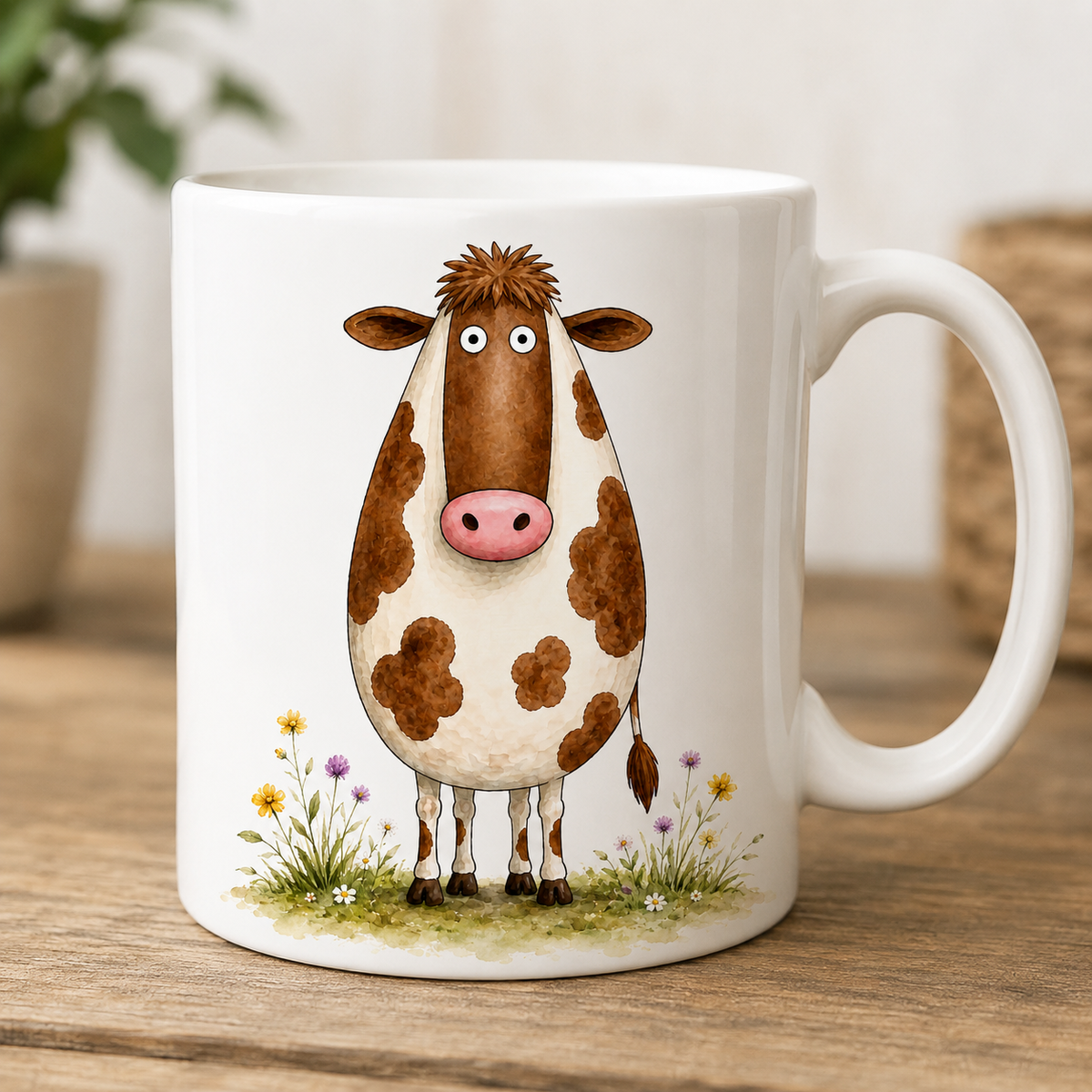 Brown and white cow character mug