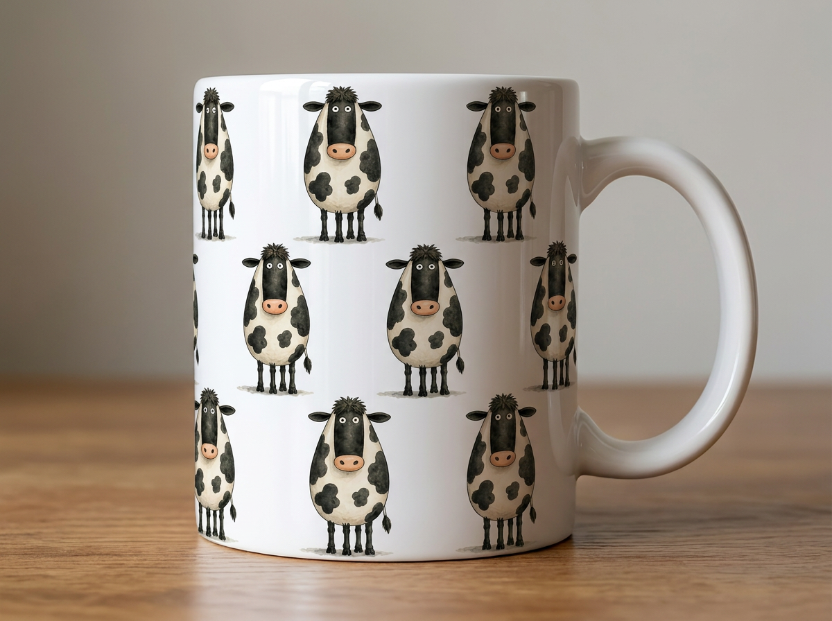 Black and white cow character pattern mug