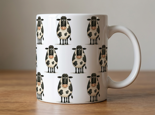 Black and white cow character pattern mug